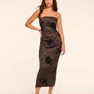 Ramy Brook Strapless Brown Dress with Black Floral Design